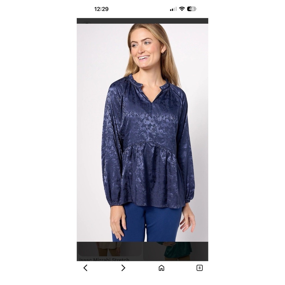 Isaac Mizrahi Live! Womens Jacquard Shirred Peplum Blouse Navy Size 18W NWT